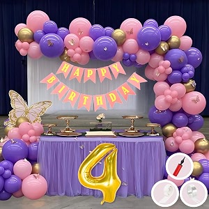 4th birthday decoration items for pink and purple theme combination for girls princes  50 pcs pink purple gold balloon  pink birthday banner  balloon pump  arch tape  glue dots
