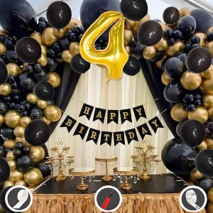 4th birthday decoration items for black and gold theme combination for boys girls  50 pcs black gold balloon  black birthday banner  balloon pump  arch tape  glue dots