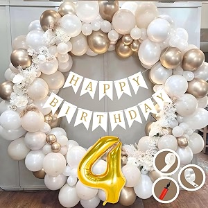 4th birthday decoration items for white and gold theme combination for boys girls  50 pc golden white orange balloon  white birthday banner  balloon pump  arch tape  glue dots