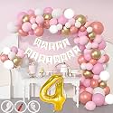 4th Birthday Decoration Items for Pink and White Theme Combination for Girls| 50 Pcs Pink White Gold Rose Gold Balloon| White Birthday Banner| Balloon Pump| Arch Tape| Glue Dots