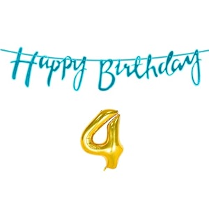 4th happy birthday decoration kit blue for 4 year old boys girls baby with number four decorations decor celebration items item set combo reusable cursive banner