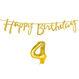 4th happy birthday decoration kit golden for 4 year old boys girls baby with number four decorations decor celebration items item set combo reusable cursive banner