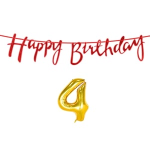 4th happy birthday decoration kit red for 4 year old boys girls baby with number four decorations decor celebration items item set combo reusable cursive banner