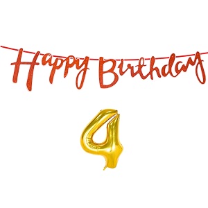 4th happy birthday decoration kit orange for 4 year old boys girls baby with number four decorations decor celebration items item set combo reusable cursive banner