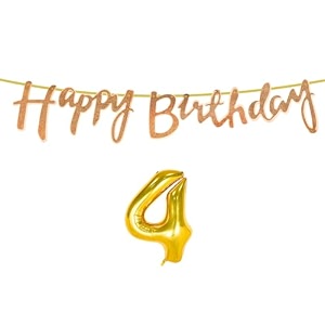 4th happy birthday decoration kit rose gold for 4 year old boys girls baby with number four decorations decor celebration items item set combo reusable cursive banner
