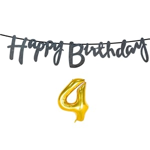 4th happy birthday decoration kit black for 4 year old boys girls baby with number four decorations decor celebration items item set combo reusable cursive banner
