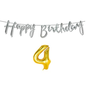 4th happy birthday decoration kit silver for 4 year old boys girls baby with number four decorations decor celebration items item set combo reusable cursive banner