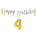 4th Happy Birthday Decoration Kit Multicolour for 4 Year Old Boys Girls Baby Multicolor with Number Four Decorations Decor Celebration Items Item Set Combo Reusable Cursive Banner