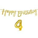 4th Happy Birthday Decoration Kit Golden for 4 Year Old Boys Girls Baby with Number Four Decorations Decor Celebration Items Item Set Combo Reusable Cursive Banner