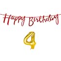 4th Happy Birthday Decoration Kit Red for 4 Year Old Boys Girls Baby with Number Four Decorations Decor Celebration Items Item Set Combo Reusable Cursive Banner