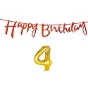 4th Happy Birthday Decoration Kit Orange for 4 Year Old Boys Girls Baby with Number Four Decorations Decor Celebration Items Item Set Combo Reusable Cursive Banner