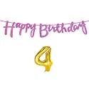 4th Happy Birthday Decoration Kit Dark Pink for 4 Year Old Boys Girls Baby with Number Four Decorations Decor Celebration Items Item Set Combo Reusable Cursive Banner