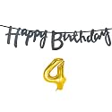 4th Happy Birthday Decoration Kit Black for 4 Year Old Boys Girls Baby with Number Four Decorations Decor Celebration Items Item Set Combo Reusable Cursive Banner