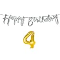 4th Happy Birthday Decoration Kit Silver for 4 Year Old Boys Girls Baby with Number Four Decorations Decor Celebration Items Item Set Combo Reusable Cursive Banner
