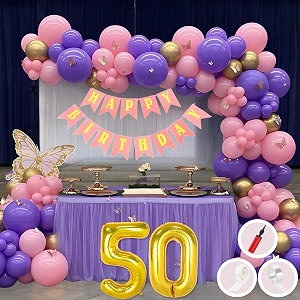 50th birthday decoration items for pink and purple theme combination for girls princes  50 pcs pink purple gold balloon  pink birthday banner  balloon pump  arch tape  glue dots
