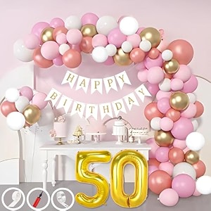 50th birthday decoration items for pink and white theme combination for girls 50 pcs pink white gold rose gold balloon white birthday banner balloon pump arch tape glue dots