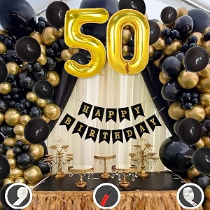 50th birthday decoration items for black and gold theme combination for boys girls  50 pcs black gold balloon  black birthday banner  balloon pump  arch tape  glue dots
