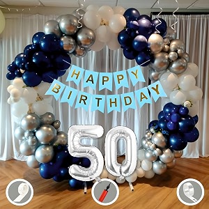 50th birthday decoration items for blue and white theme combination for boys girls  50 pcs blue white silver balloon  blue birthday banner  balloon pump  arch tape  glue dots