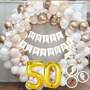 50th birthday decoration items for white and gold theme combination for boys girls  50 pc golden white orange balloon  white birthday banner  balloon pump  arch tape  glue dots