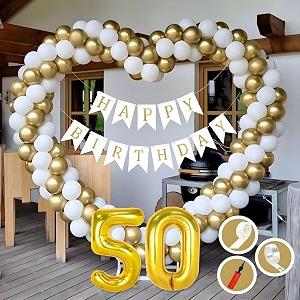 50th birthday decoration items for golden and white theme combination for boys girls  50 pcs gold white balloon  white birthday banner  balloon pump  arch tape  glue dots