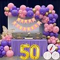 50th Birthday Decoration Items for Pink and Purple Theme Combination for Girls Princes | 50 Pcs Pink Purple Gold Balloon | Pink Birthday Banner | Balloon Pump | Arch Tape | Glue Dots