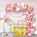 50th Birthday Decoration Items for Pink and White Theme Combination for Girls| 50 Pcs Pink White Gold Rose Gold Balloon| White Birthday Banner| Balloon Pump| Arch Tape| Glue Dots
