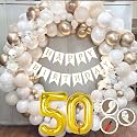 50th Birthday Decoration Items for White and Gold Theme Combination for Boys Girls | 50 Pc Golden White Orange Balloon | White Birthday Banner | Balloon Pump | Arch Tape | Glue Dots