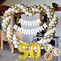 50th Birthday Decoration Items for Golden and White Theme Combination for Boys Girls | 50 Pcs Gold White Balloon | White Birthday Banner | Balloon Pump | Arch Tape | Glue Dots
