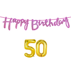 50th happy birthday decoration kit dark pink for 50 year old boys girls women with number fifty decorations decor celebration items item set combo reusable cursive banner