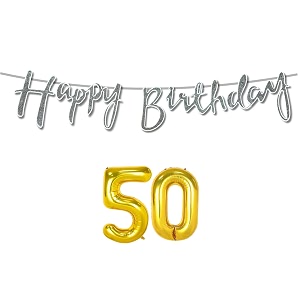 50th happy birthday decoration kit silver for 50 year old boys girls women with number fifty decorations decor celebration items item set combo reusable cursive banner