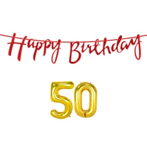50th happy birthday decoration kit red for 50 year old boys girls women with number fifty decorations decor celebration items item set combo reusable cursive banner