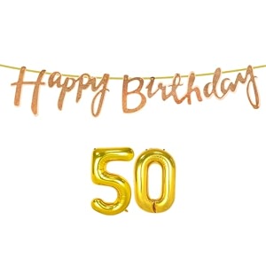 50th happy birthday decoration kit rose gold for 50 year old boys girls women with number fifty decorations decor celebration items item set combo reusable cursive banner