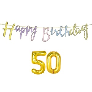 50th happy birthday decoration kit multicolour for 50 year old boys girls women with number fifty decorations decor items item set combo reusable cursive banner