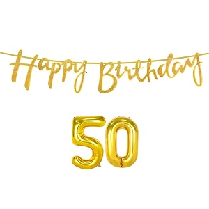 50th happy birthday decoration kit golden for 50 year old boys girls women with number fifty decorations decor celebration items item set combo reusable cursive banner