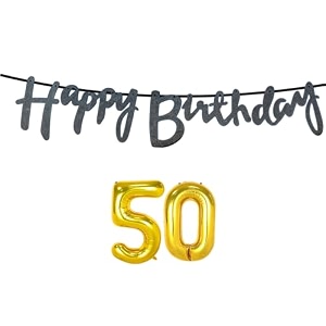 50th happy birthday decoration kit black for 50 year old boys girls men with number fifty decorations decor celebration items item set combo reusable cursive banner