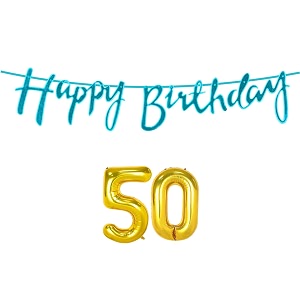 50th happy birthday decoration kit blue for 50 year old boys girls women with number fifty decorations decor celebration items item set combo reusable cursive banner