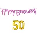 50th Happy Birthday Decoration Kit Dark Pink for 50 Year Old Boys Girls Women with Number Fifty Decorations Decor Celebration Items Item Set Combo Reusable Cursive Banner