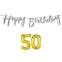 50th Happy Birthday Decoration Kit Silver for 50 Year Old Boys Girls Women with Number Fifty Decorations Decor Celebration Items Item Set Combo Reusable Cursive Banner