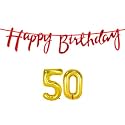 50th Happy Birthday Decoration Kit Red for 50 Year Old Boys Girls Women with Number Fifty Decorations Decor Celebration Items Item Set Combo Reusable Cursive Banner