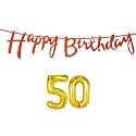50th Happy Birthday Decoration Kit Orange for 50 Year Old Boys Girls Men with Number Fifty Decorations Decor Celebration Items Item Set Combo Reusable Cursive Banner