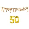 50th Happy Birthday Decoration Kit Rose Gold for 50 Year Old Boys Girls Women with Number Fifty Decorations Decor Celebration Items Item Set Combo Reusable Cursive Banner