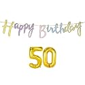 50th Happy Birthday Decoration Kit Multicolour for 50 Year Old Boys Girls WoMen with Number Fifty Decorations Decor Items Item Set Combo Reusable Cursive Banner