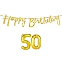 50th Happy Birthday Decoration Kit Golden for 50 Year Old Boys Girls Women with Number Fifty Decorations Decor Celebration Items Item Set Combo Reusable Cursive Banner
