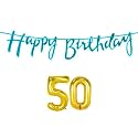 50th Happy Birthday Decoration Kit Blue for 50 Year Old Boys Girls Women with Number Fifty Decorations Decor Celebration Items Item Set Combo Reusable Cursive Banner