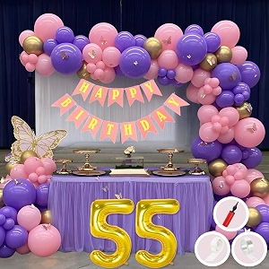55th birthday decoration items for pink and purple theme combination for girls princes  50 pcs pink purple gold balloon  pink birthday banner  balloon pump  arch tape  glue dots