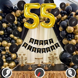55th birthday decoration items for black and gold theme combination for boys girls  50 pcs black gold balloon  black birthday banner  balloon pump  arch tape  glue dots