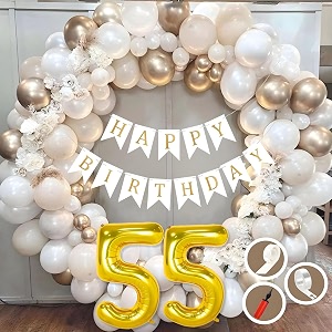 55th birthday decoration items for white and gold theme combination for boys girls  50 pc golden white orange balloon  white birthday banner  balloon pump  arch tape  glue dots