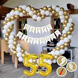 55th birthday decoration items for golden and white theme combination for boys girls  50 pcs gold white balloon  white birthday banner  balloon pump  arch tape  glue dots