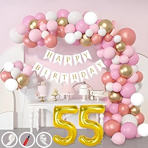 55th birthday decoration items for pink and white theme combination for girls 50 pcs pink white gold rose gold balloon white birthday banner balloon pump arch tape glue dots