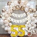 55th Birthday Decoration Items for White and Gold Theme Combination for Boys Girls | 50 Pc Golden White Orange Balloon | White Birthday Banner | Balloon Pump | Arch Tape | Glue Dots